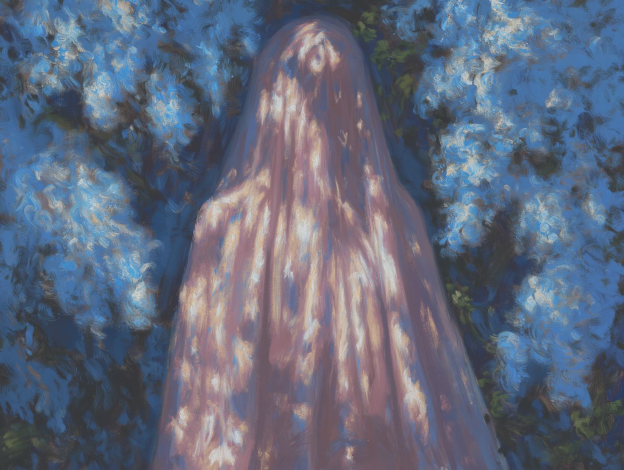 A figure covered head to toe by a sheer veil, dappled with light, stands among blue flowering branches, painted in loose strokes.