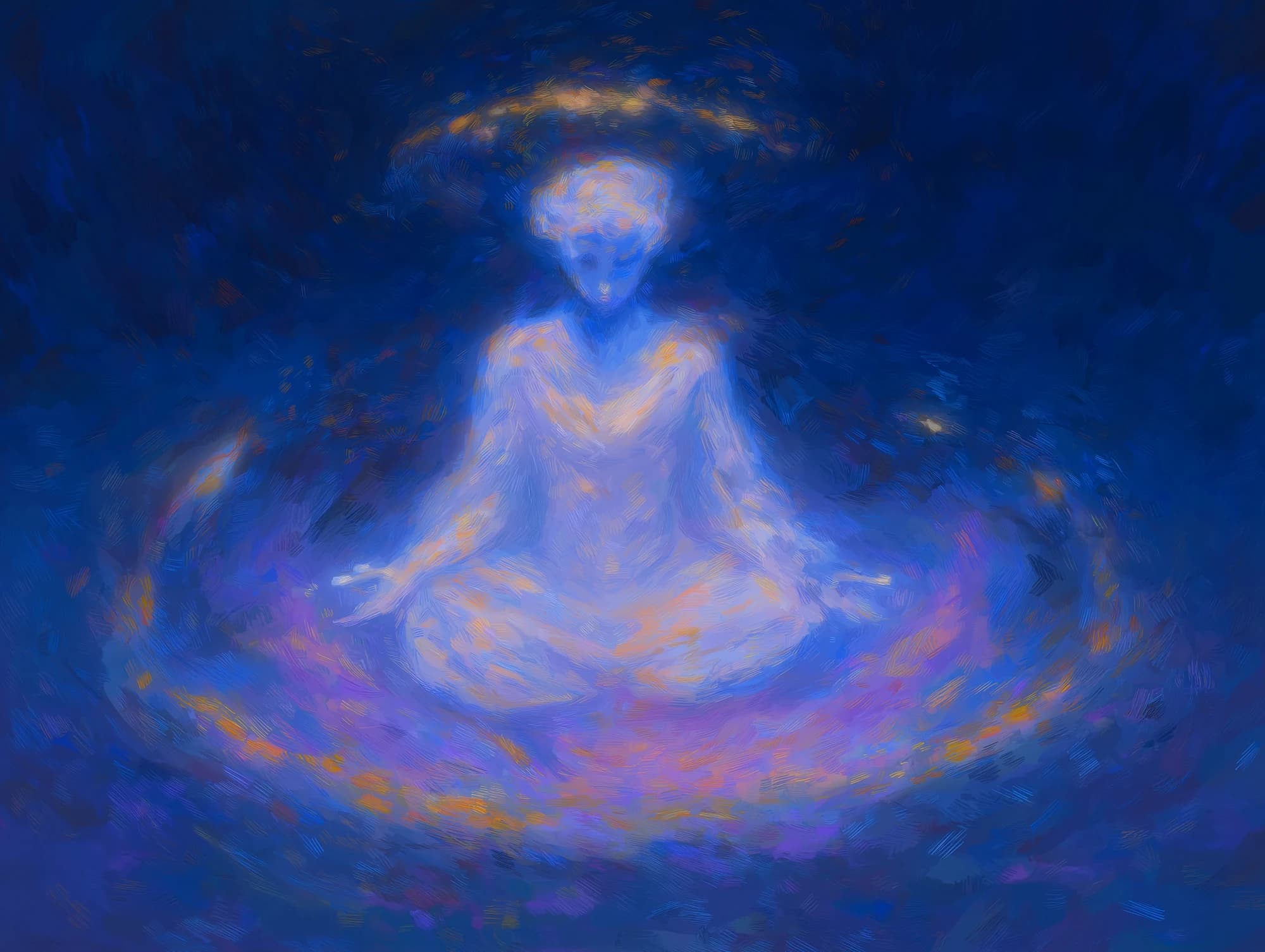 A pale, glowing figure sits cross-legged in meditation inside a swirling ring of blue and orange light.
