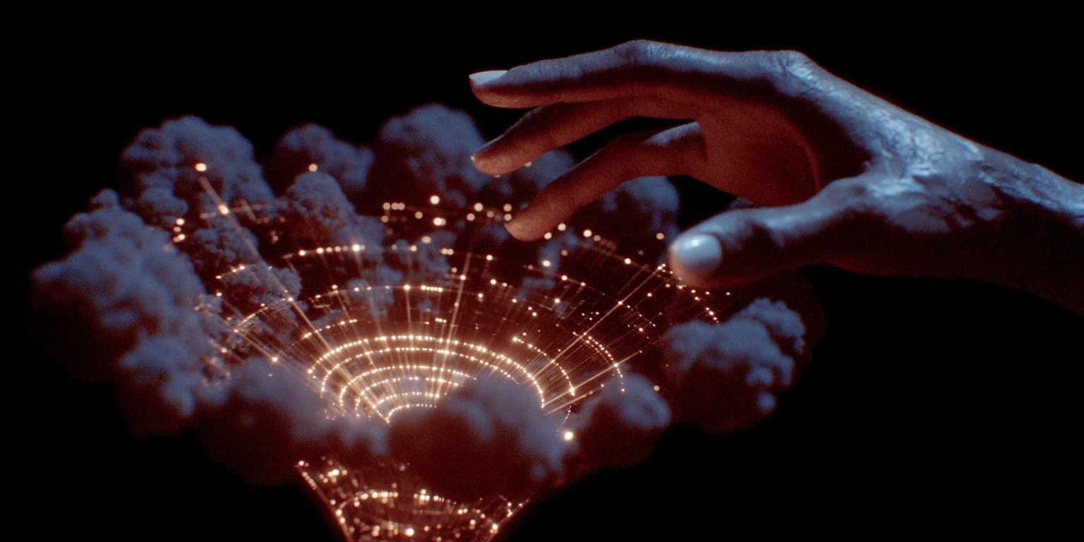 A hand reaches toward a cloud-ringed funnel of glowing concentric lines and points of light against black.